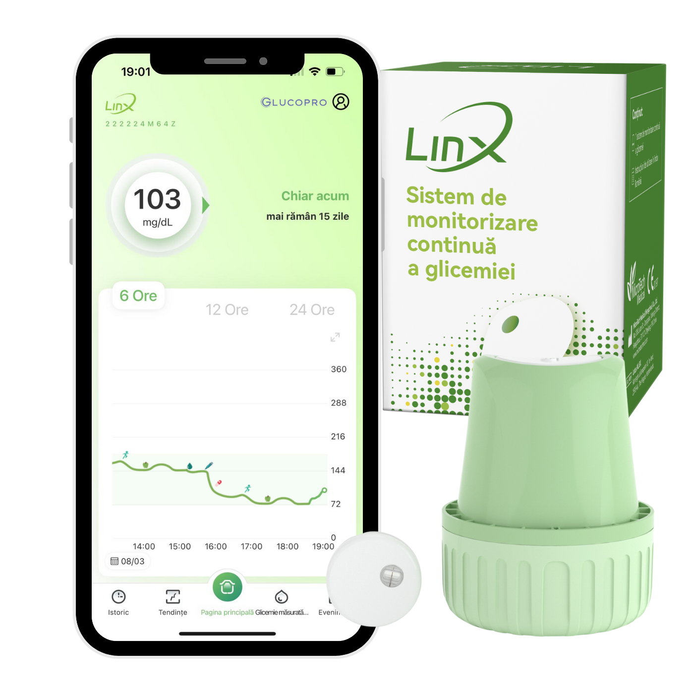 Senzor glicemie Linx CGM – cutie și aplicator, monitorizare continuă 15 zile